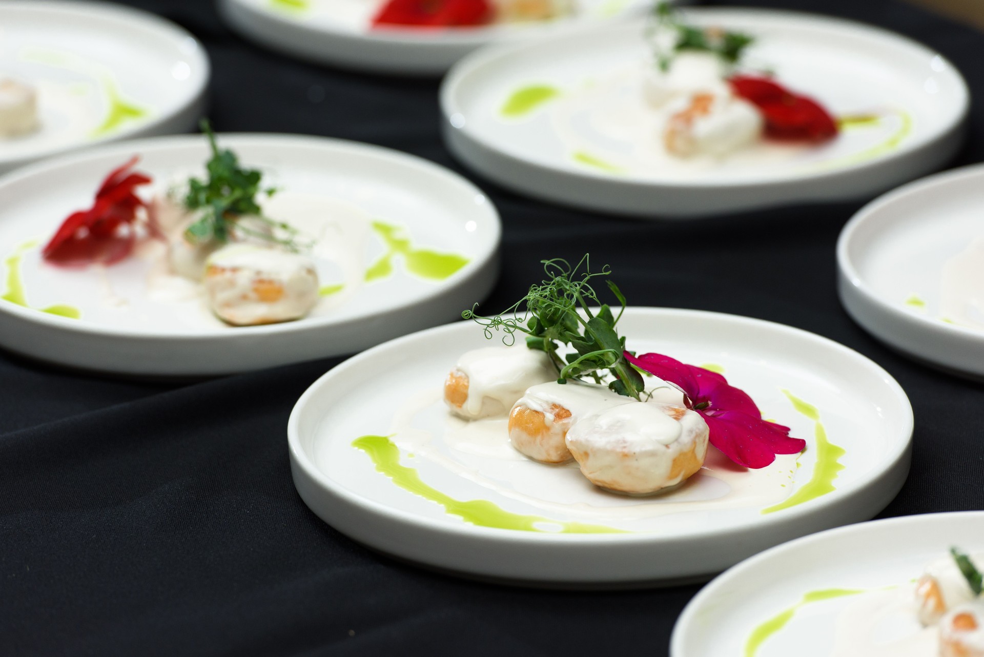 the chef prepares a dish of fish balls in a creamy sauce